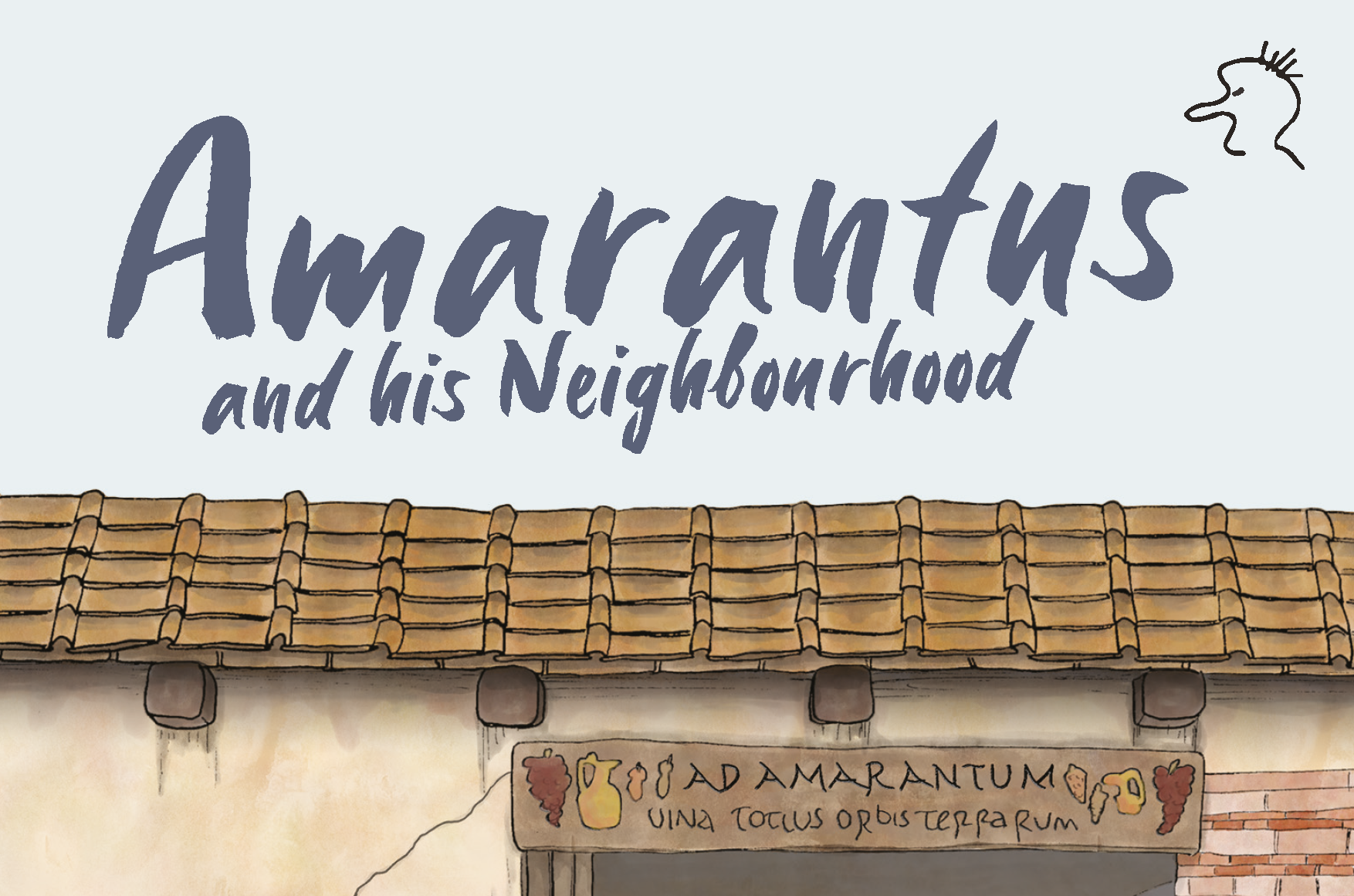 The front cover of the book 'Amarantus and his neighbourhood', featuring an illustration of a bar filled with characters from the book.
