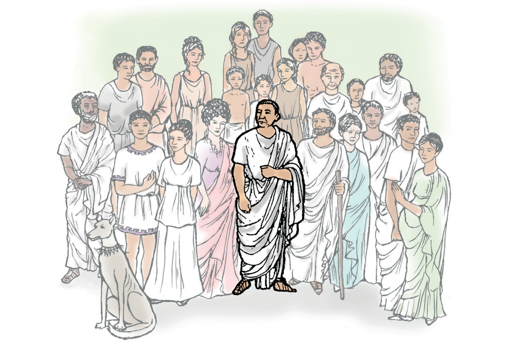 A drawing of the characters in the Cambridge Latin Course, which appears on the opening page of Stage 1. In it we see Caecilius at the centre surrounded by his immediate family. Barbillus, a new addition to Book I, can be seen on the far left of the group