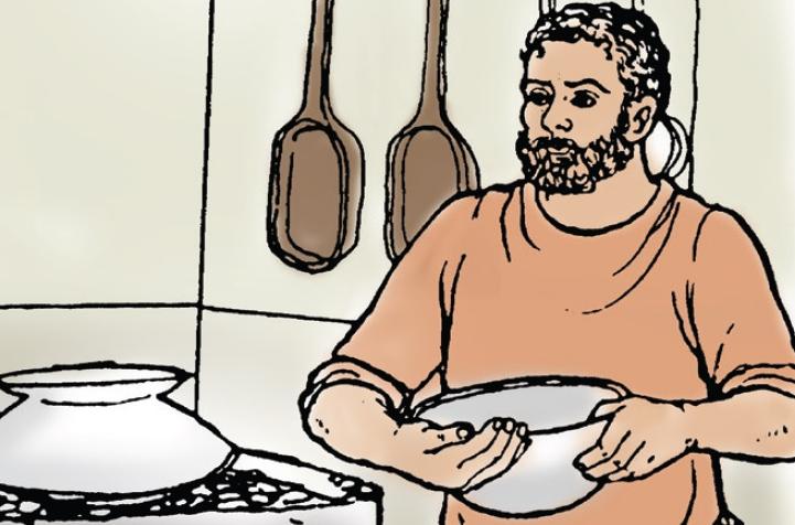 An illustration from Book I of the Cambridge Latin Course showing Grumio in the kitchen