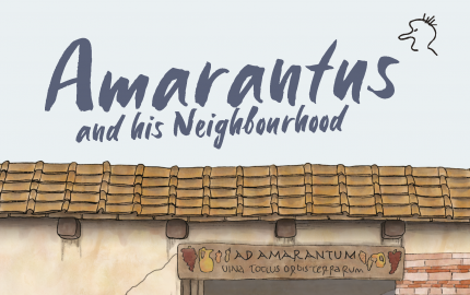 The front cover of the book 'Amarantus and his neighbourhood', featuring an illustration of a bar filled with characters from the book.