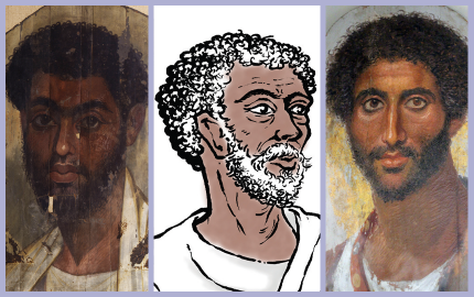 A montage of three images. On the left and right are ancient mummy portraits of two men, and in the centre is a line drawing of Barbillus from the UK 5th edition of the Cambridge Latin Course.