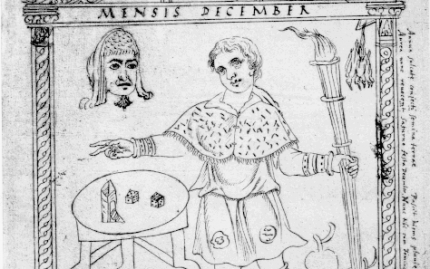 A drawing from the "Chronography of 354" showing a personification of the month of December. Saturnalian dice and a mask are on the table in front of him. 