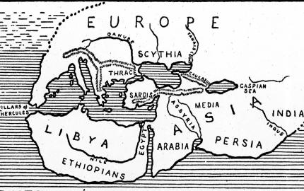 Line drawing map of the world according to Herodotus