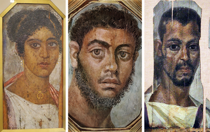 A montage of three of the Fayum mummy portraits, depicting a finely-dressed woman, a bearded man and a man in a tunic with purple stripes.
